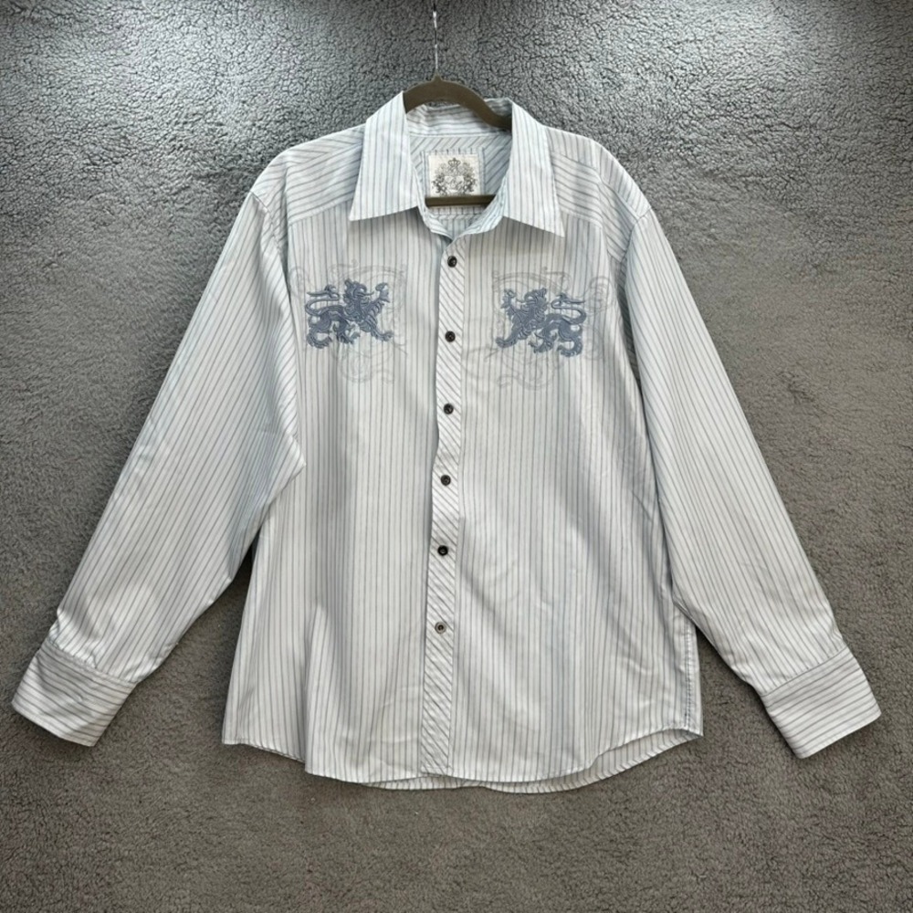 Red Level Nine Mens 2XL Button Down Shirt Blue White Stripe Embroidered Lion Y2K